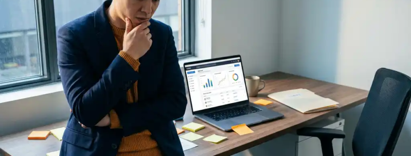 Vertriebsmitarbeiter betrachtet verwirrt ein CRM-Dashboard auf dem Laptop, Haftnotizen und Kundenmappe auf dem Schreibtisch.