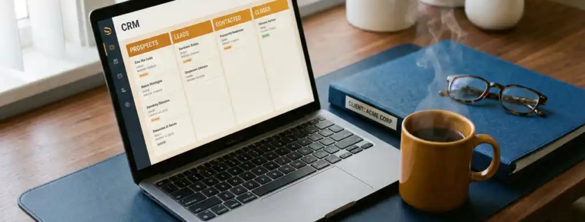 Aufgeräumter Schreibtisch eines Vertriebsprofis mit Laptop, Kundenmappe und dampfendem Kaffee im warmen Bürolicht.