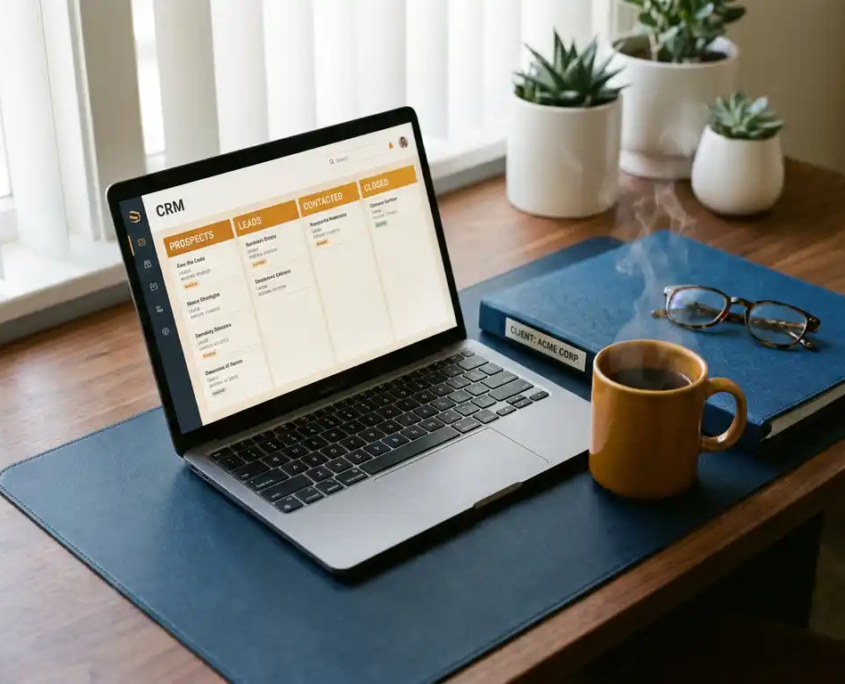 Aufgeräumter Schreibtisch eines Vertriebsprofis mit Laptop, Kundenmappe und dampfendem Kaffee im warmen Bürolicht.