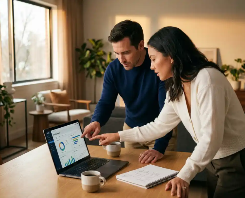 Zwei Kollegen analysieren gemeinsam ein CRM-Dashboard auf einem Laptop an einem modernen Schreibtisch mit Kaffeetassen und Notizblock.
