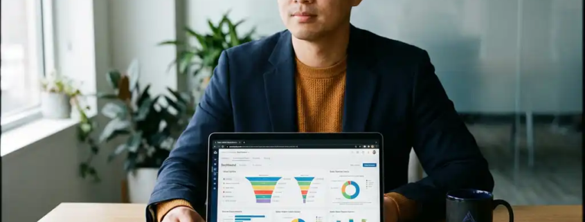 Vertriebsleiter analysiert Pipeline-Dashboard auf Laptop, umgeben von Kundenprofilen und Kaffeetasse auf modernem Büroschreibtisch.