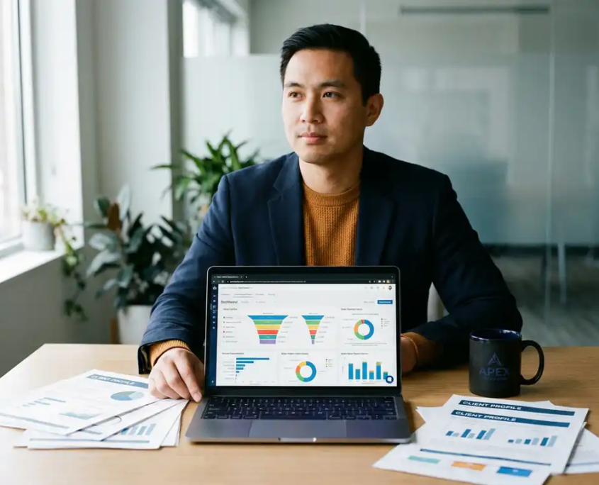 Vertriebsleiter analysiert Pipeline-Dashboard auf Laptop, umgeben von Kundenprofilen und Kaffeetasse auf modernem Büroschreibtisch.