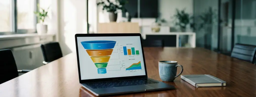 Laptop mit bunten Verkaufstrichter-Diagrammen auf poliertem Konferenztisch, Kaffeetasse und Notizbuch daneben, modernes Büro.