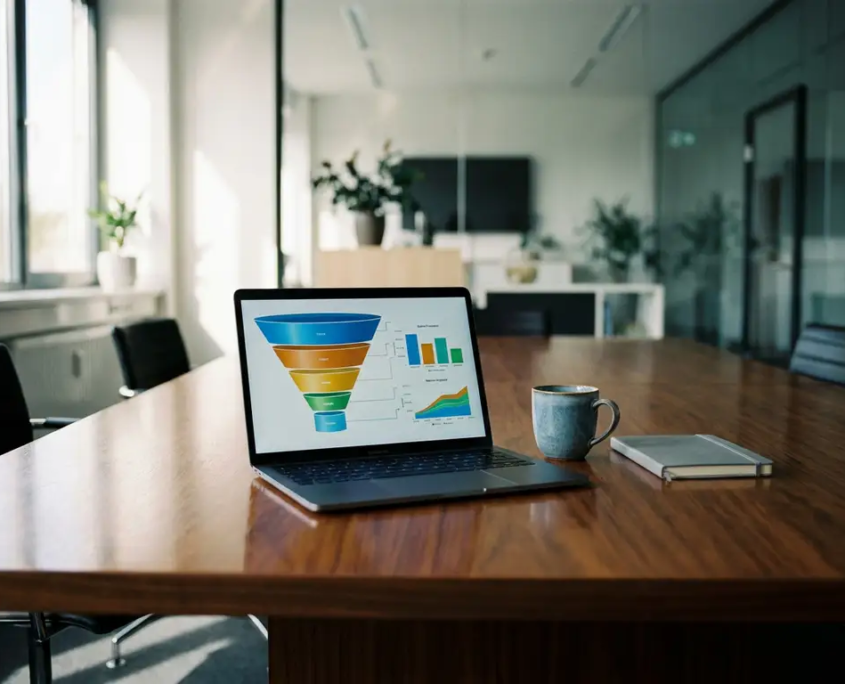 Laptop mit bunten Verkaufstrichter-Diagrammen auf poliertem Konferenztisch, Kaffeetasse und Notizbuch daneben, modernes Büro.